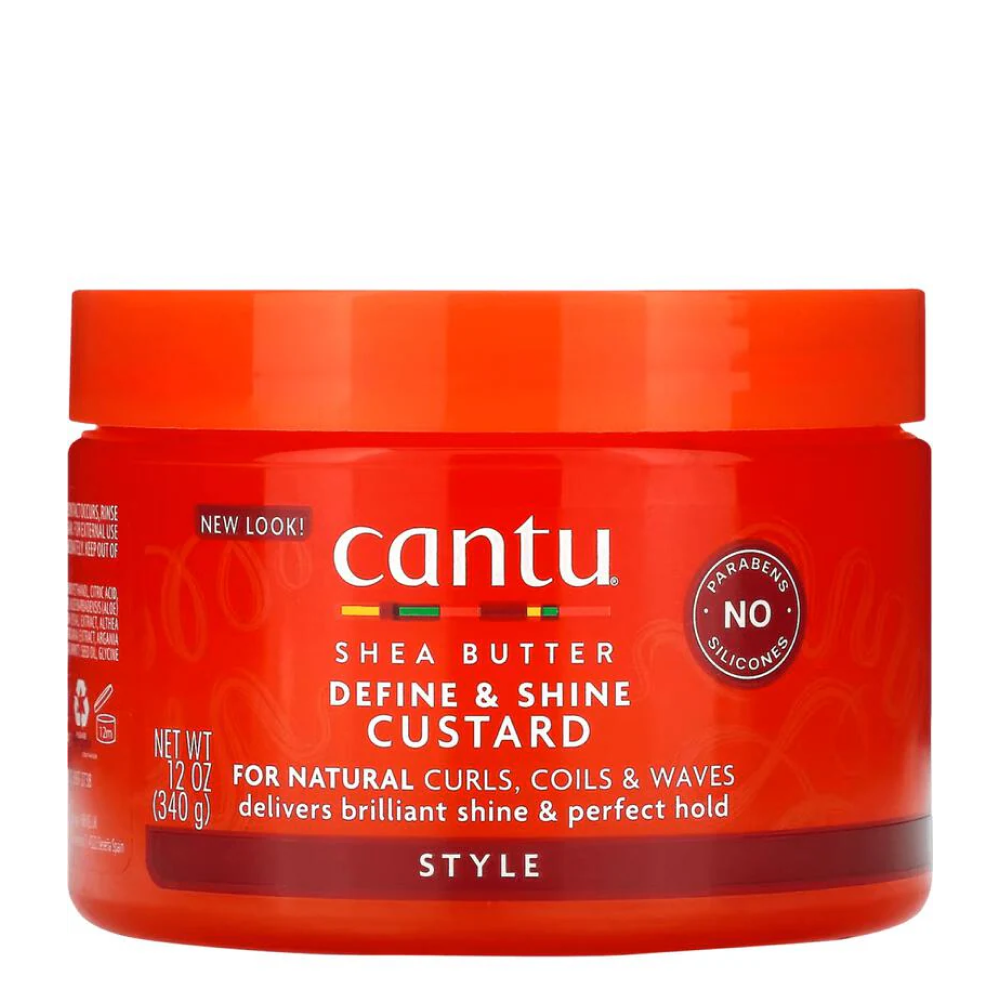Cantu Shea Butter Define & Shine Custard in an orange 340g jar for natural curls.