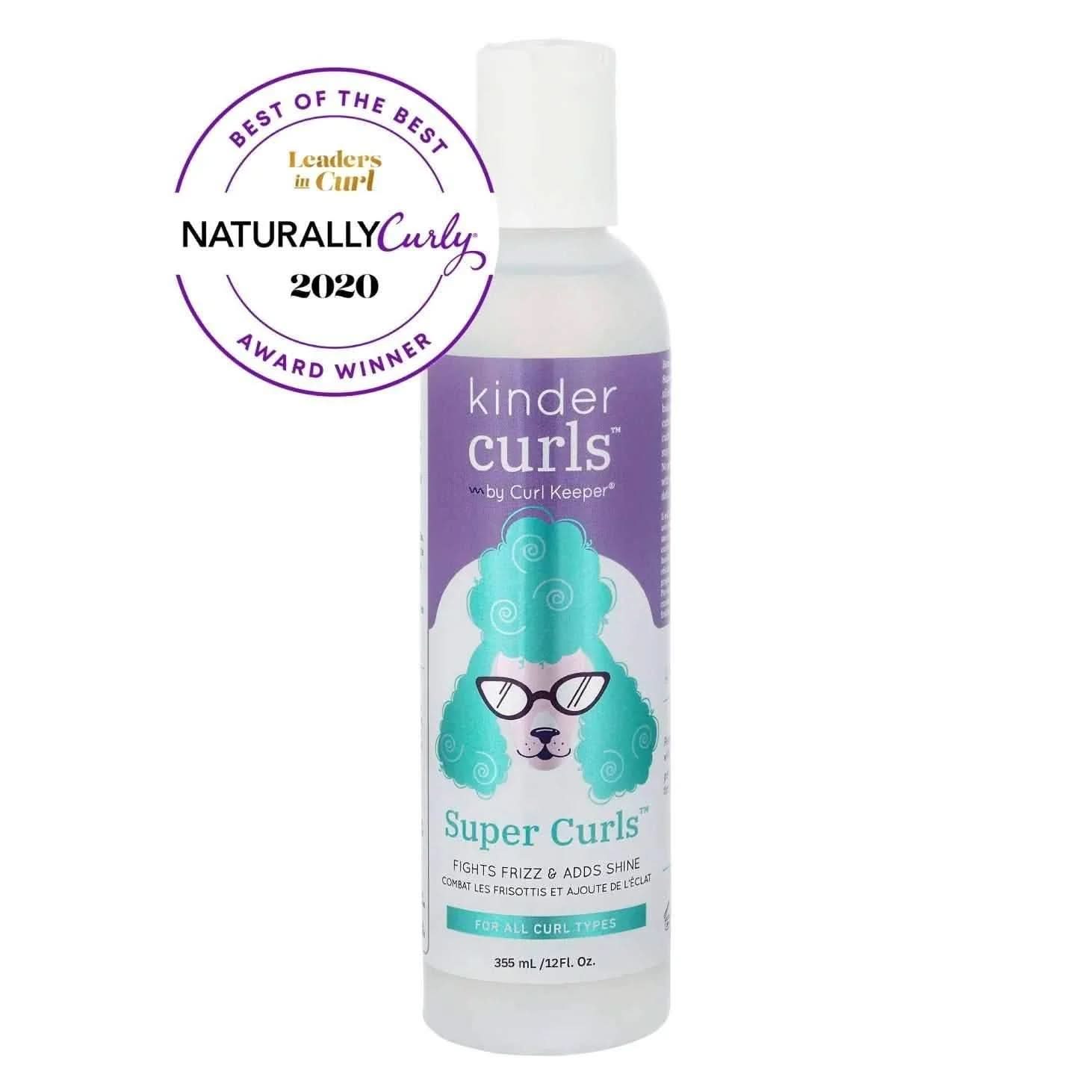 Clear 12oz bottle of Curl Keeper Kinder Curls Super Curls Styler with a white cap and purple label.