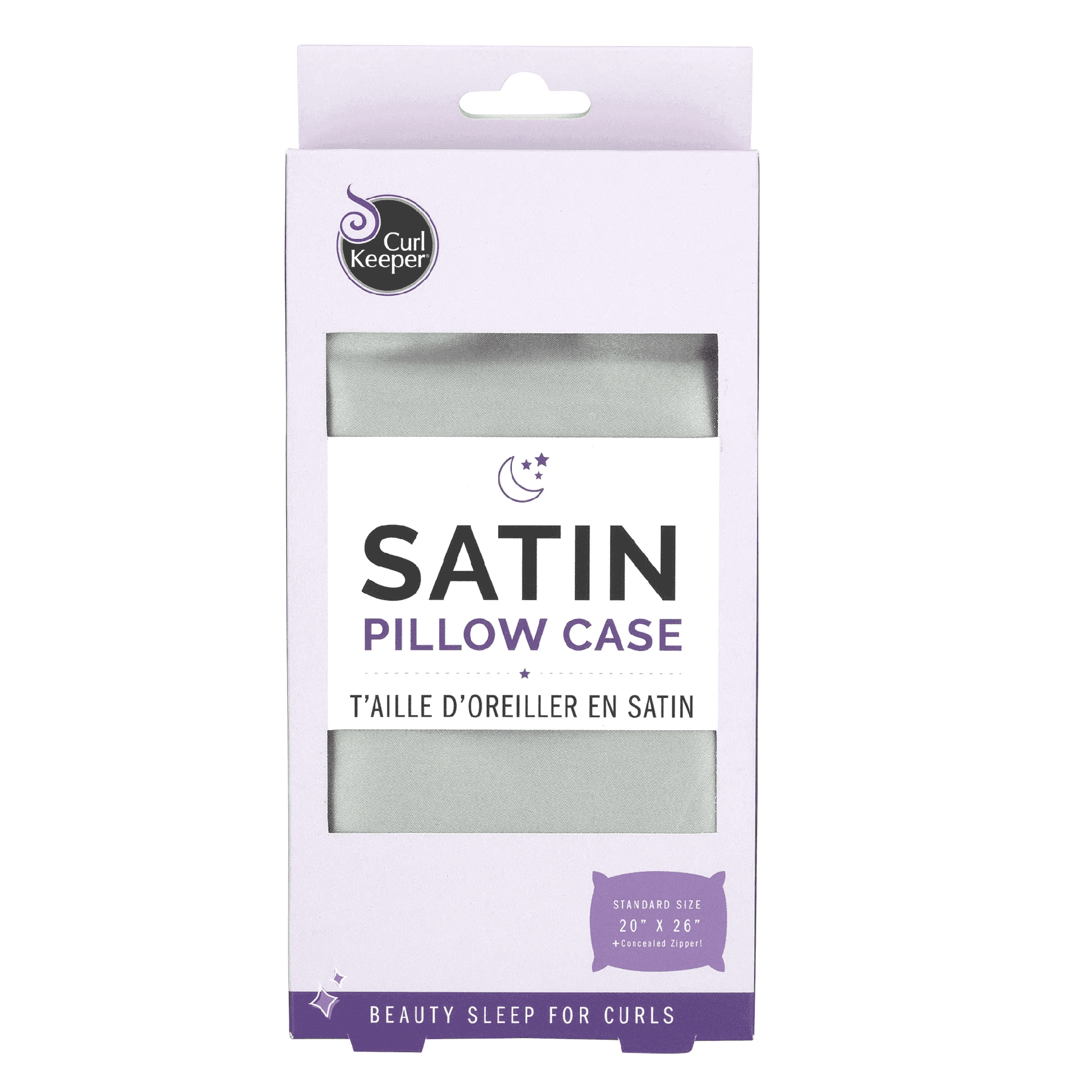 Curl Keeper silver satin pillowcase in packaging, standard size 20"x26" with concealed zipper.