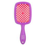 Purple Curl Keeper Kinder Brush with a pink head and white polka dot bristles.