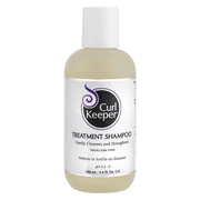 Curl Keeper Treatment Shampoo, 100ml bottle with white cap and purple/white label, for all curl types.