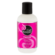 White bottle of Curl Keeper Tweek Ultimate Hold Curl Cream with a black cap and pink label.