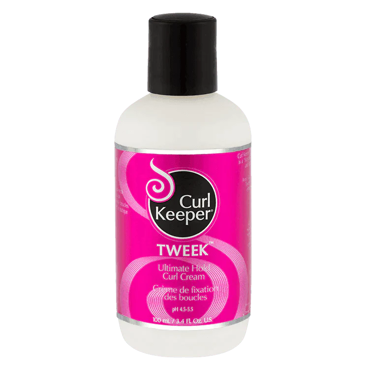 White bottle of Curl Keeper Tweek Ultimate Hold Curl Cream with a black cap and pink label.