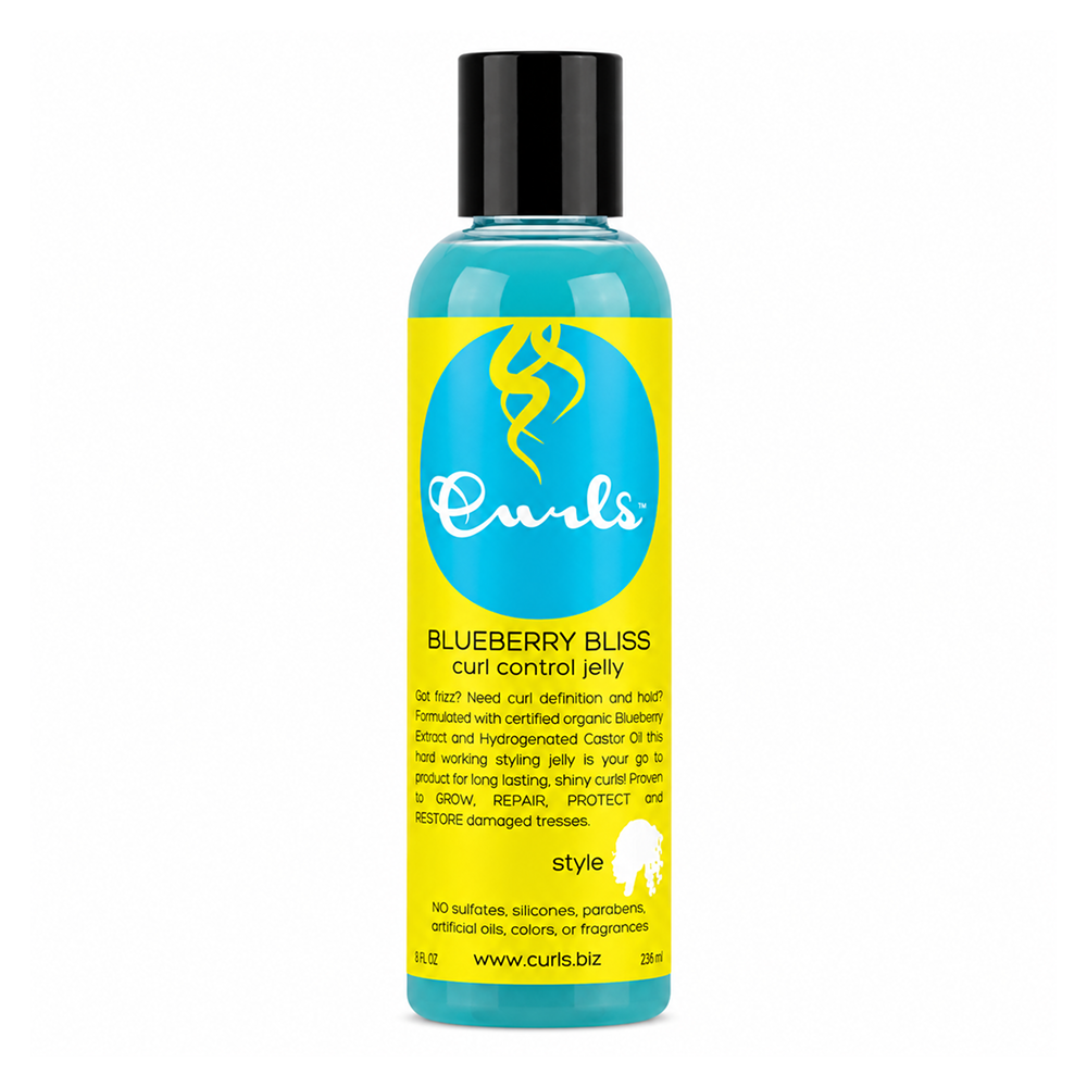 Blue Curls Blueberry Bliss Curl Control Jelly bottle with a black cap and yellow label.