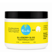 White jar of Curls Blueberry Bliss Twist-N-Shout Cream with a bright yellow label and blue logo.