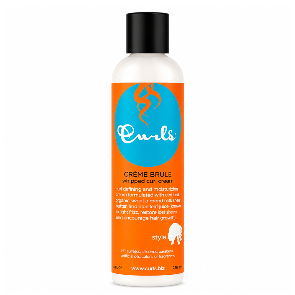 White Curls Creme Brule Whipped Curl Cream 240ml bottle with orange label and black cap.