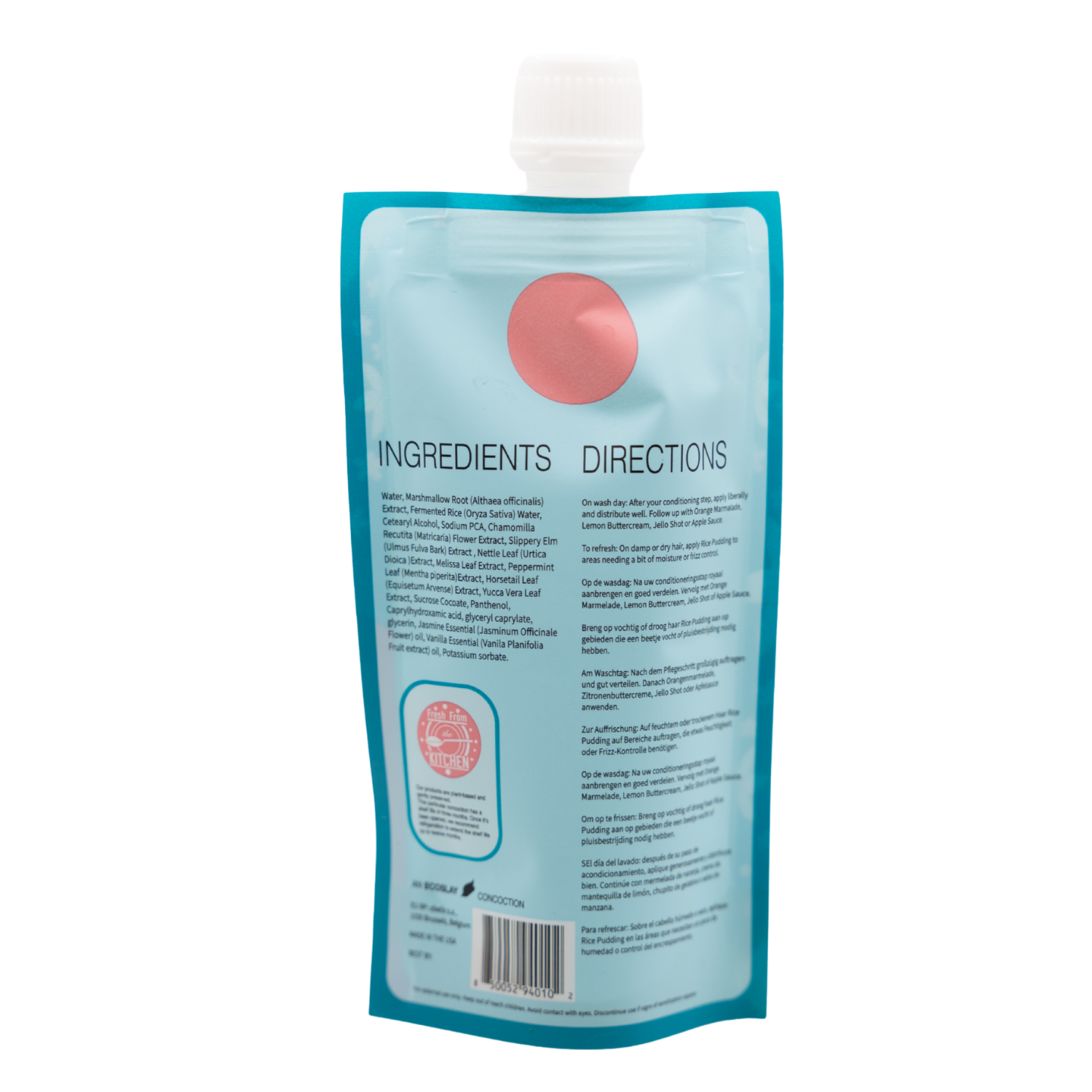 Ecoslay Rice Pudding leave-in conditioner in a light blue pouch with white text, showing ingredients and directions.