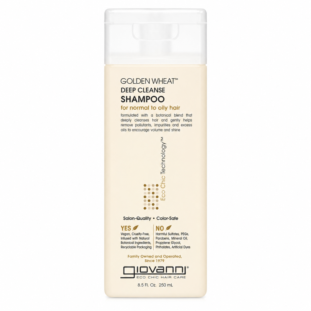 Giovanni Golden Wheat Deep Cleanse Shampoo 250ml bottle with a white cap, light beige label, and black text.