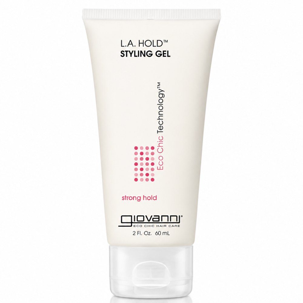 White Giovanni L.A. Hold Styling Gel tube with pink accents, 2 fl. oz. (60 mL) size.