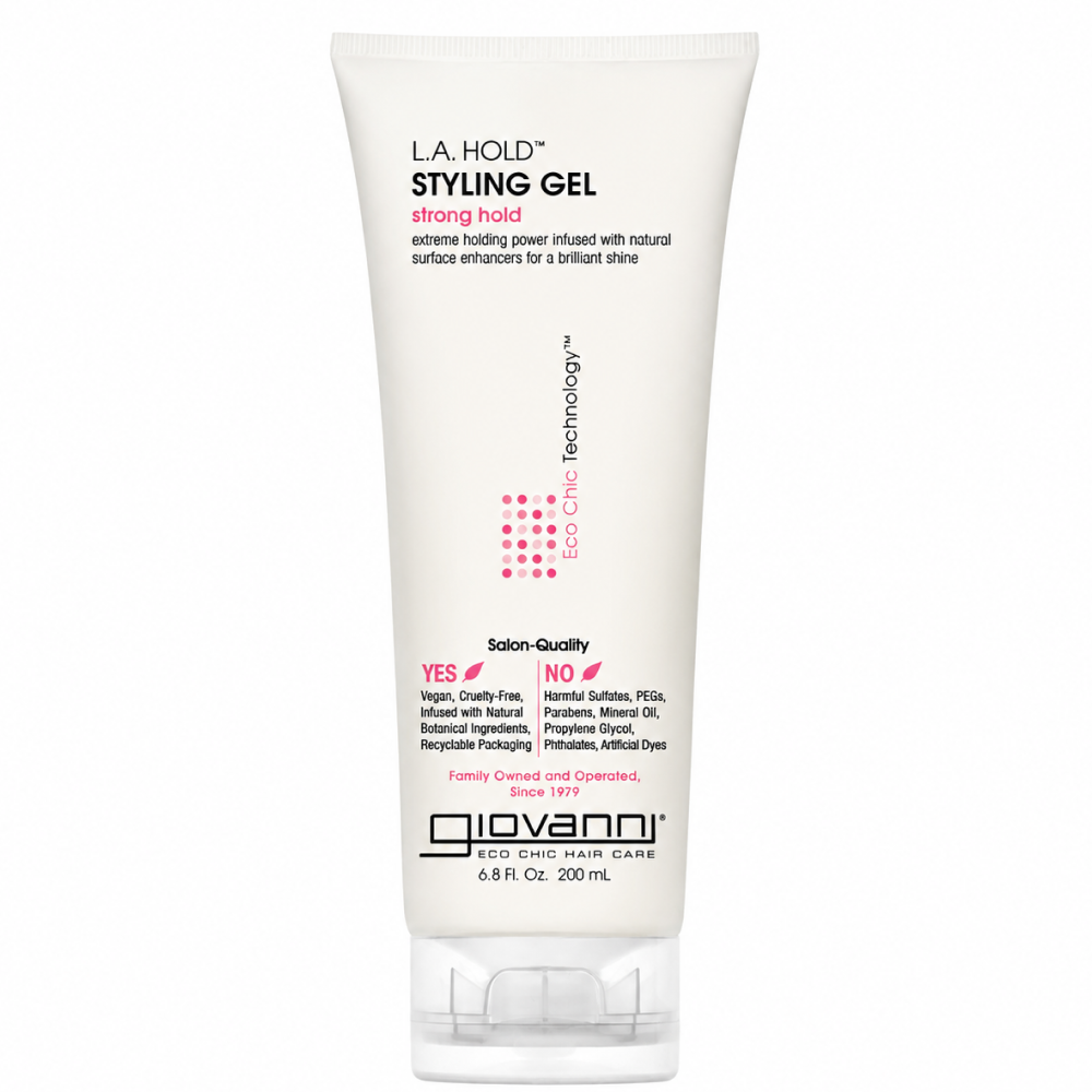 White Giovanni Eco Chic L.A. Hold Styling Gel tube with pink text accents and a clear cap.