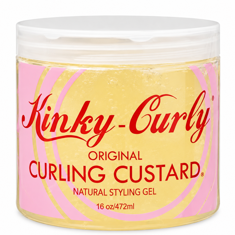 Kinky-Curly Original Curling Custard natural styling gel in a clear 16oz jar with a white lid.