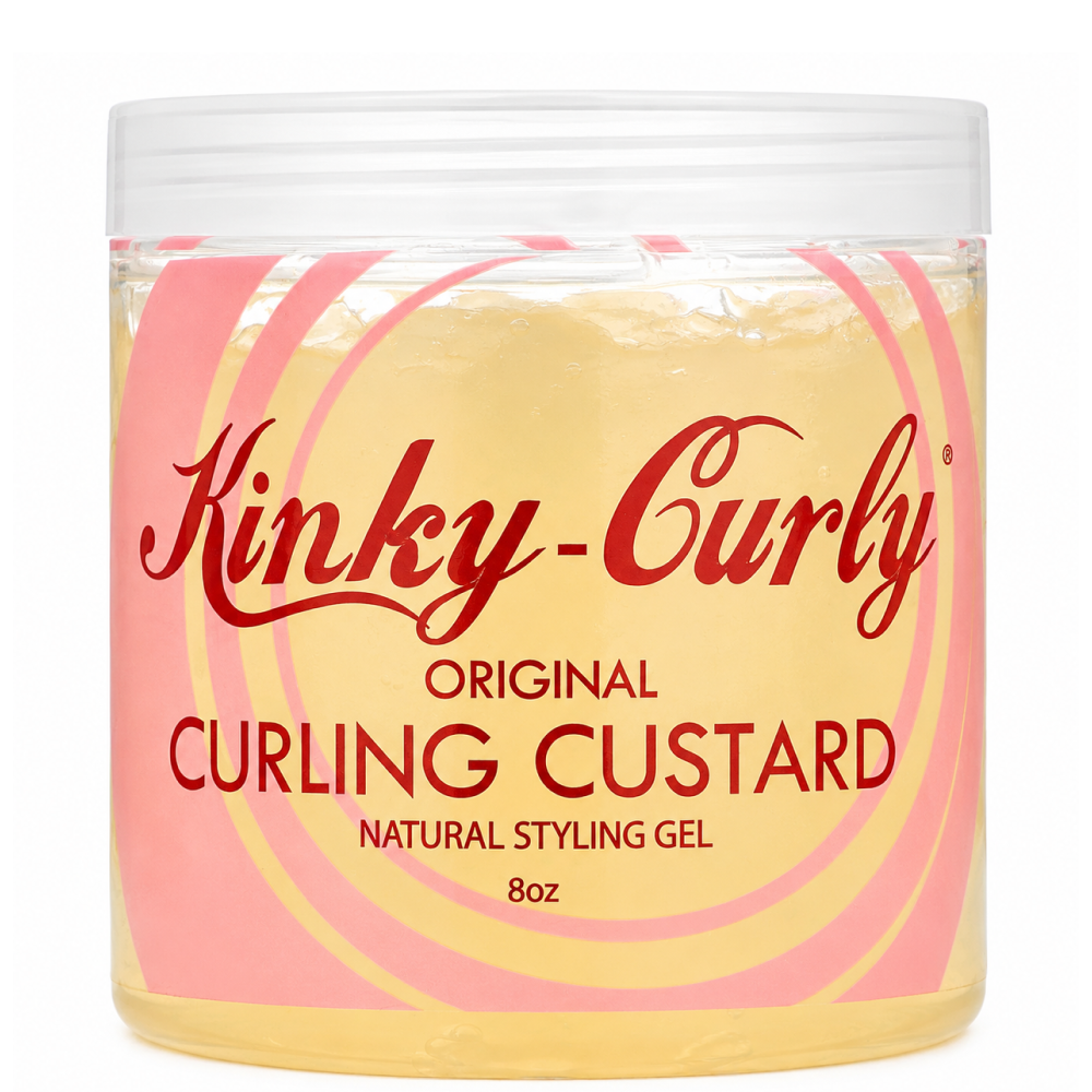 Kinky-Curly Original Curling Custard 8oz jar with yellow gel, red text, and pink swirl design.