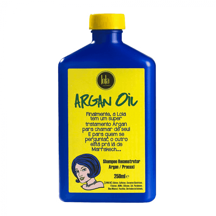 Lola Cosmetics Argan Oil Reconstructive Shampoo in a blue 250ml bottle with a yellow label and cap.