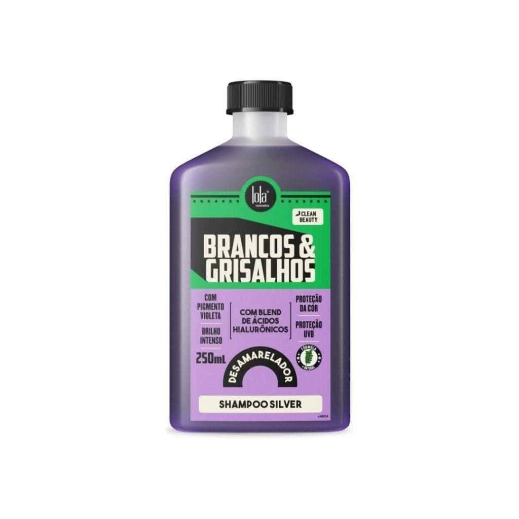 Lola Cosmetics Brancos & Grisalhos Silver Toning Shampoo 250ml in a purple bottle with black cap.
