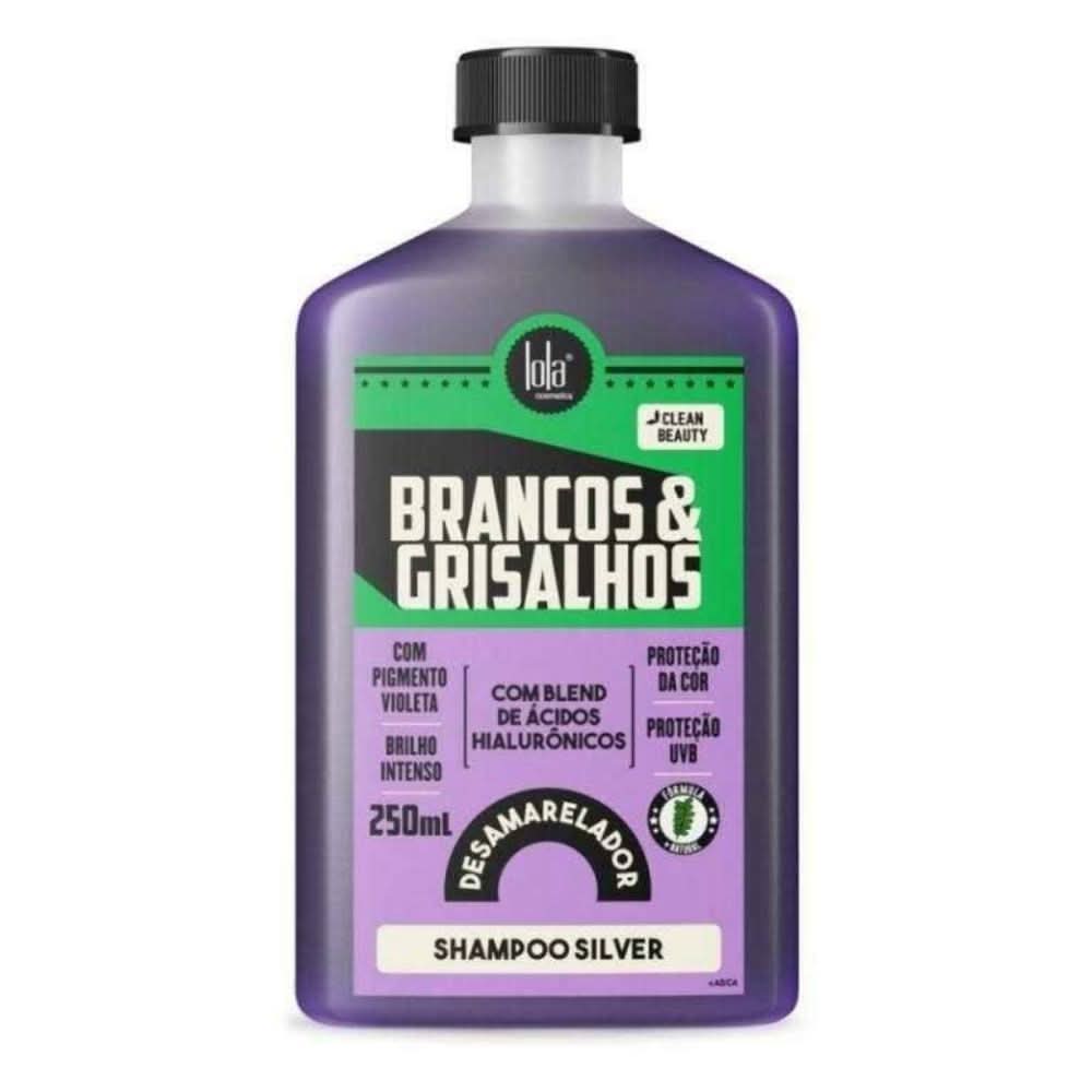 Lola Cosmetics Brancos & Grisalhos Silver Toning Shampoo 250ml in a purple bottle with black cap.