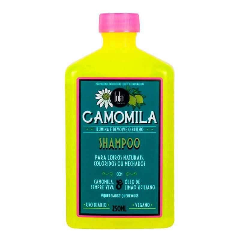 Lola Cosmetics Camomila Shampoo 250ml, bright yellow bottle with pink cap and teal label.