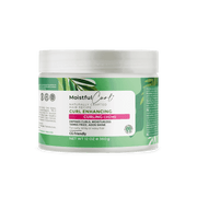 Moistful Curl Enhancing Curling Crème in a white jar with green and pink tropical leaf design.