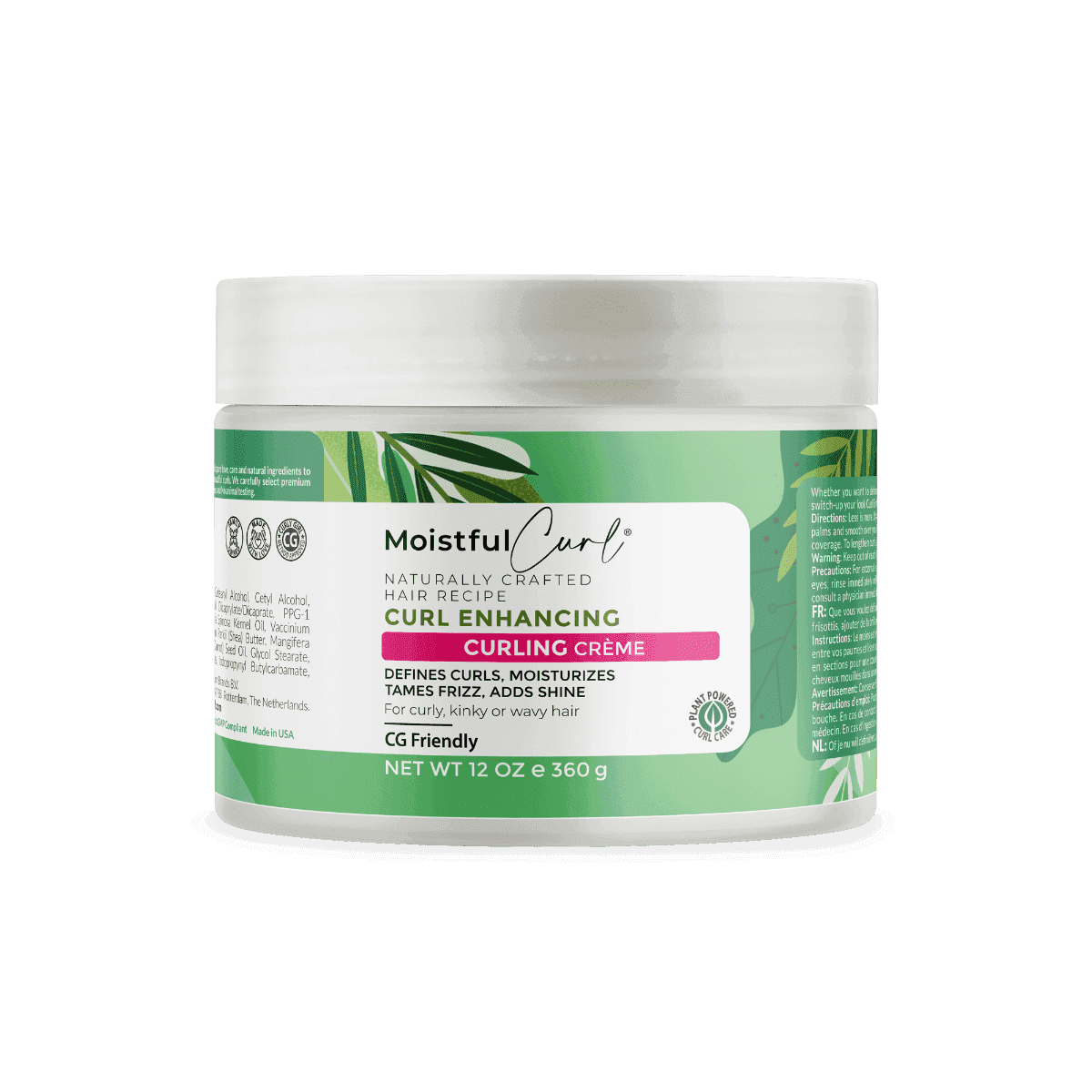 Moistful Curl Enhancing Curling Crème in a white jar with green and pink tropical leaf design.