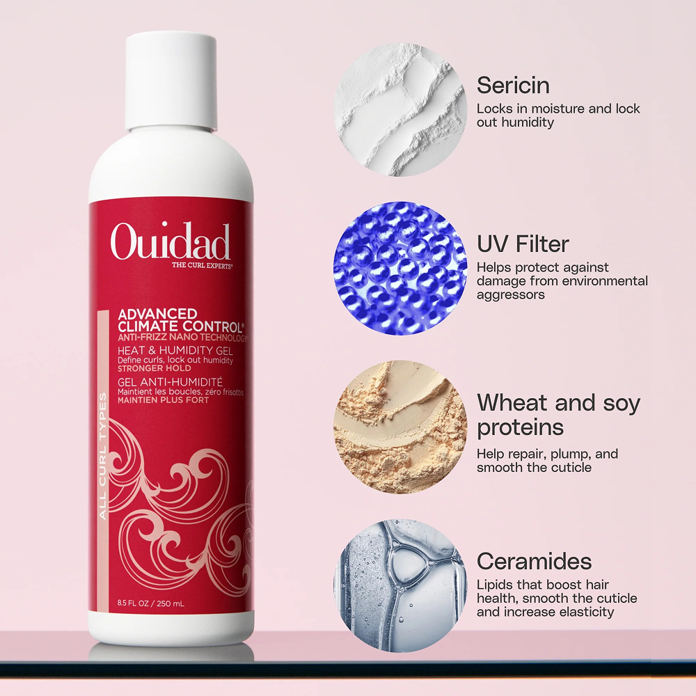 White Ouidad Advanced Climate Control gel bottle with red label and ingredient callouts.