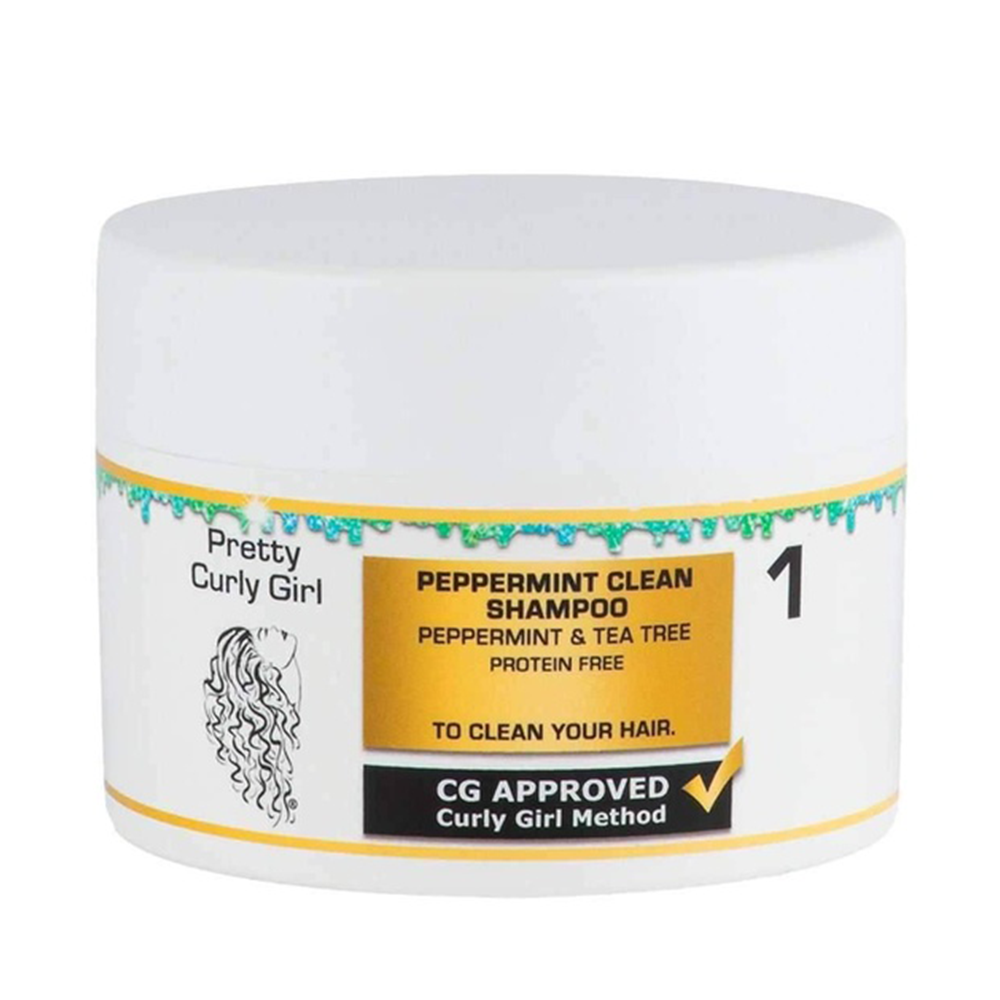 White Pretty Curly Girl Peppermint Clean Shampoo jar with gold and black label, "Step 1" for curly hair.