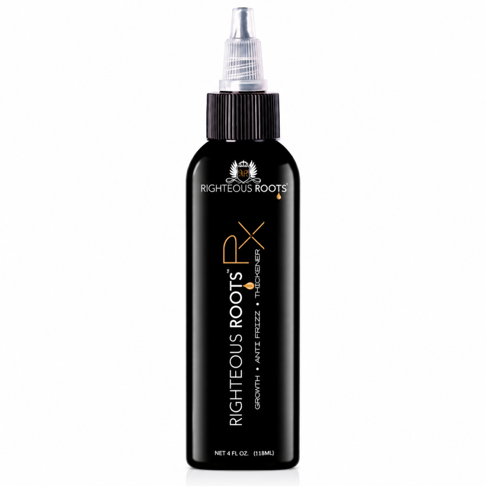 Righteous Roots Hair RX 4oz black bottle with a clear applicator tip and gold lettering.