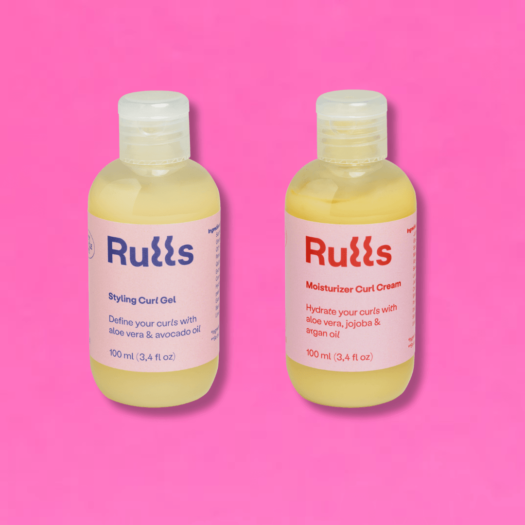 Two yellow Rulls mini bottles: Styling Curl Gel with blue text and Moisturizer Curl Cream with red text.
