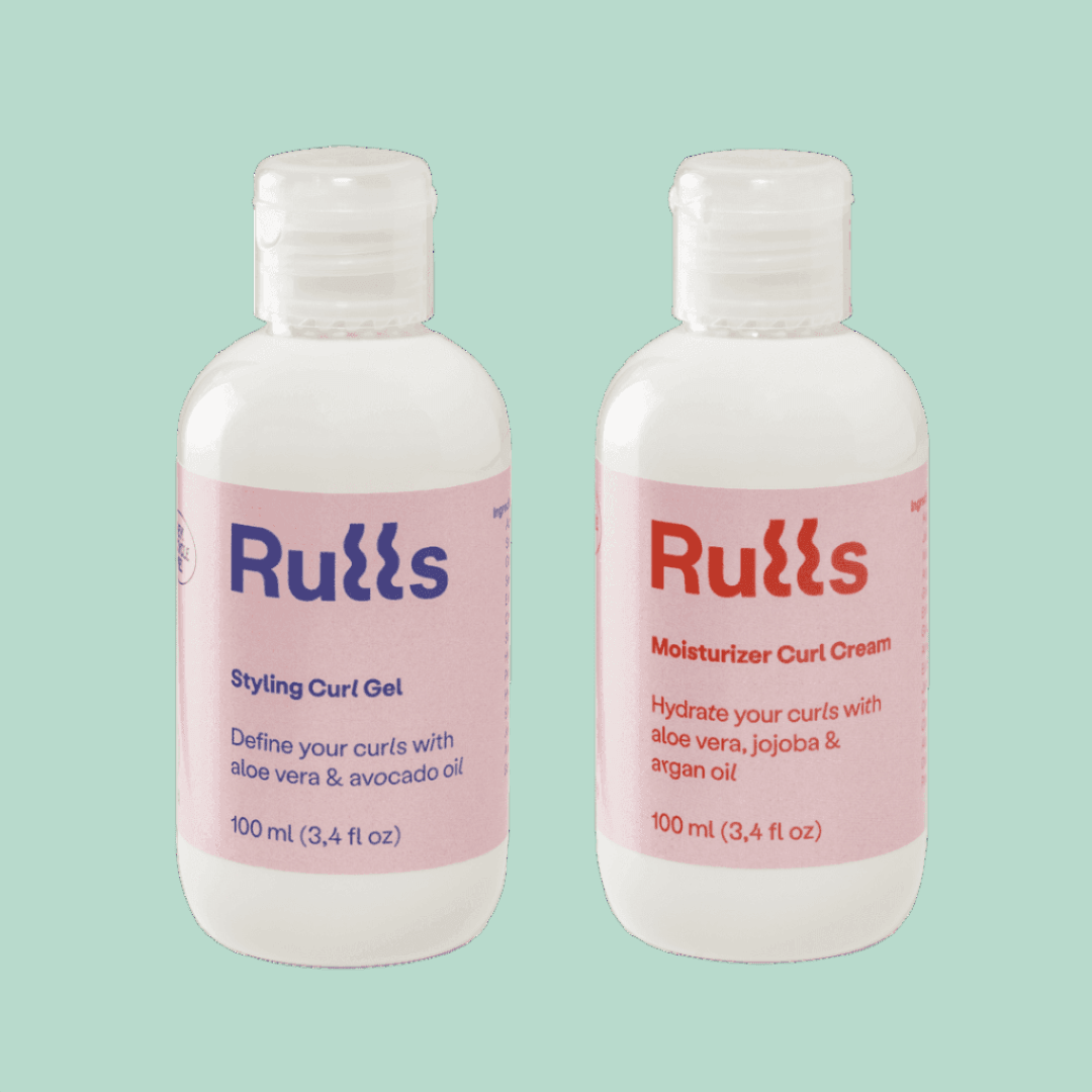 Two white Rulls mini bottles, 100ml each, for styling curl gel and moisturizer curl cream.