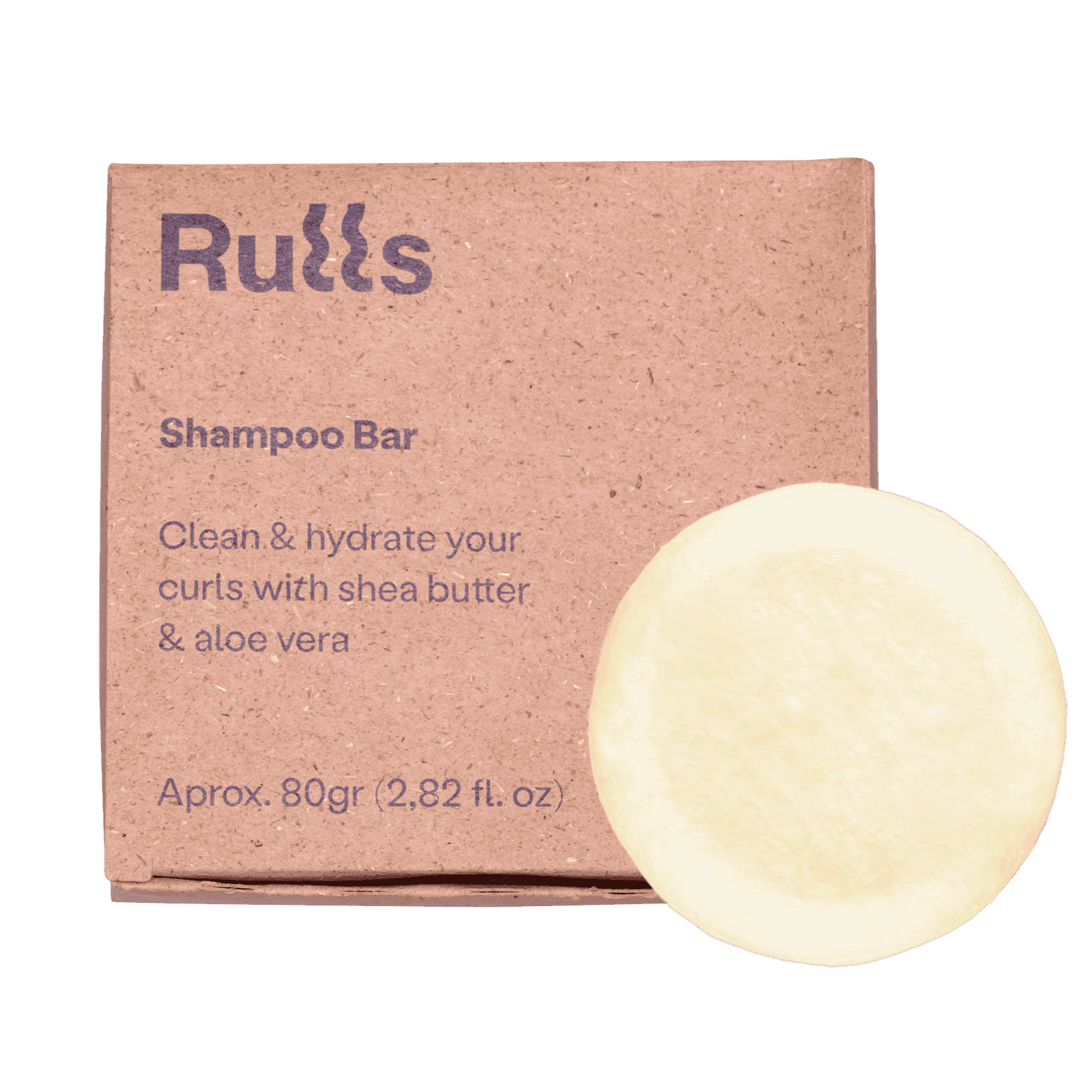 Rulls Solid Shampoo Bar, 80g, with kraft paper packaging and a light yellow, round bar.