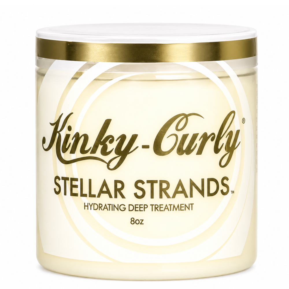 Kinky-Curly Stellar Strands Hydrating Deep Treatment 8oz jar with gold lettering on a white background.