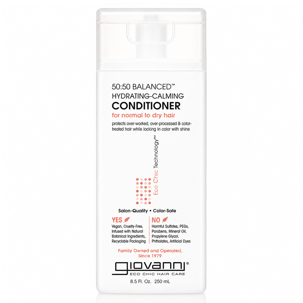 White Giovanni Eco Chic 50:50 Balanced Hydrating-Calming Conditioner bottle, 8.5 fl oz, with clear cap.