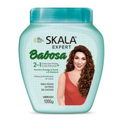 Skala Babosa Aloe Vera 1000g treatment cream in a light blue tub with a woman with curly hair.