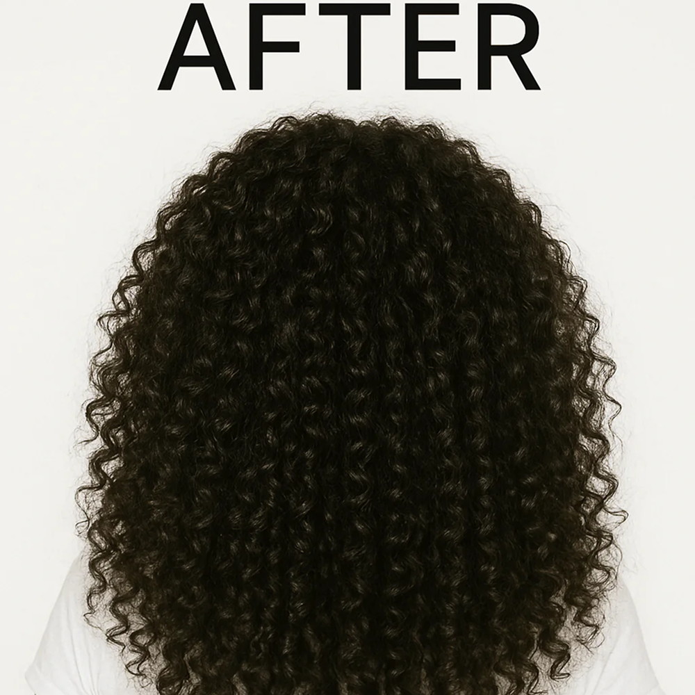 Back view of dark, voluminous, defined curls after using Curly Girl Movement Curl Defining Gel.