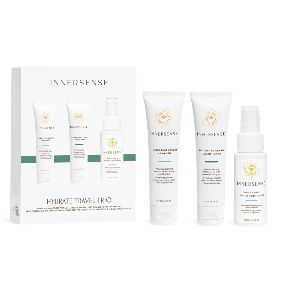 White Innersense Hydrate Travel Trio box with three 59ml bottles: Hydrating Cream Hairbath, Conditioner, and Sweet Spirit Leave-In.