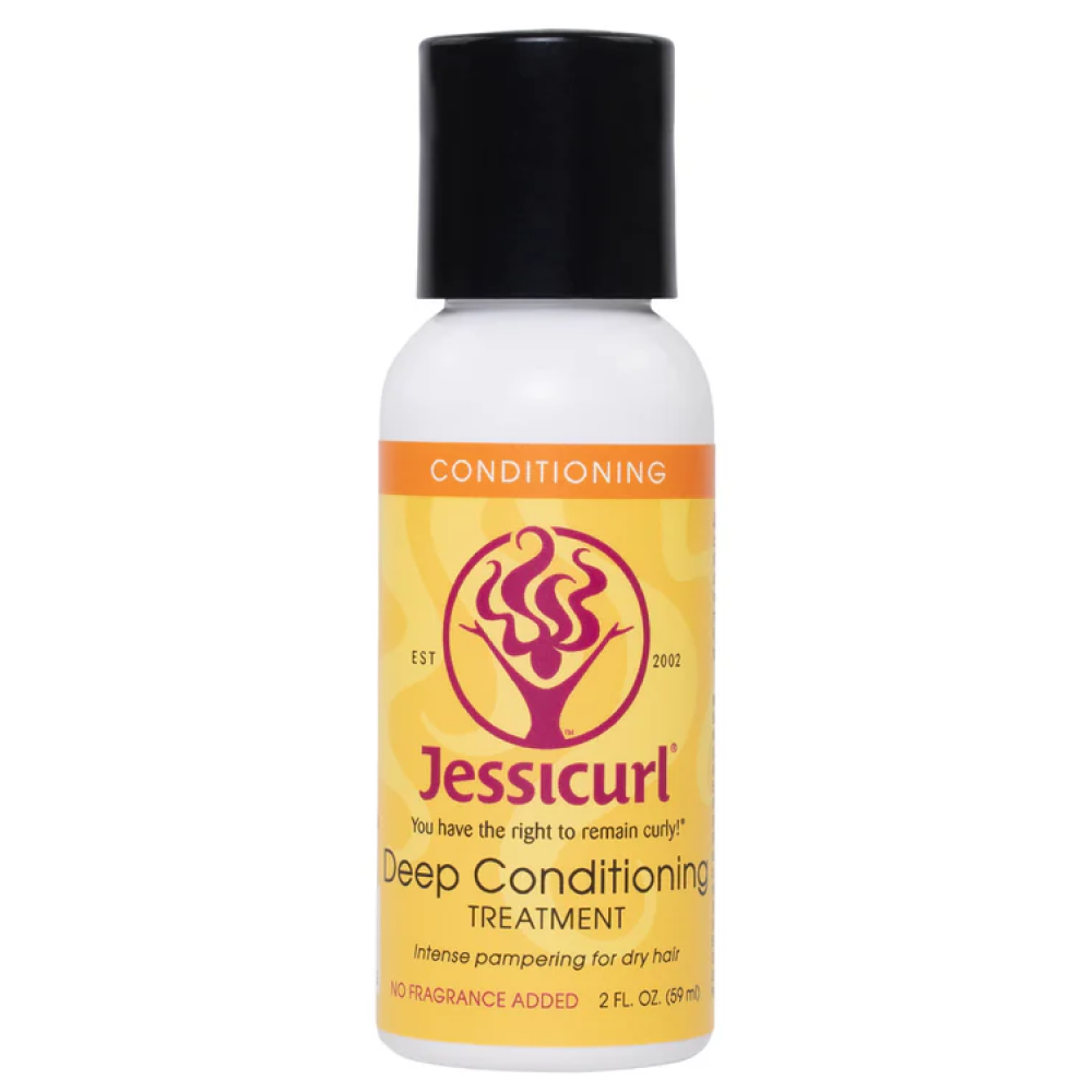 White Jessicurl Deep Conditioning Treatment bottle with a black cap and yellow-orange label.