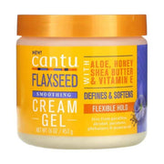 Cantu Flaxseed Smoothing Cream Gel 453g in a white jar with an orange lid, blue and yellow label.